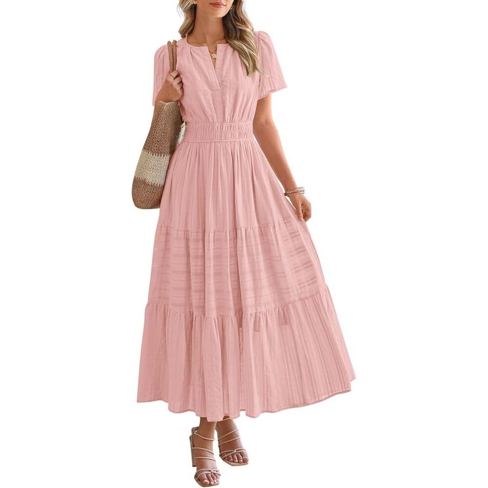 Women's Paste Pink V Neck Short Sleeve A Line Summer Casual Maxi Dress Pockets